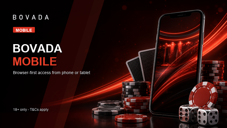 Bovada mobile casino lobby on a phone with red felt and slot reels